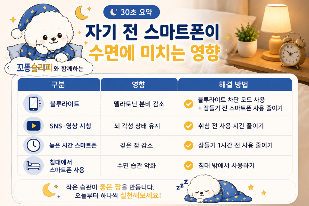 꼬똥 슬리피와 함께하는 자기 전 스마트폰이 수면에 미치는 영향 알아보기
