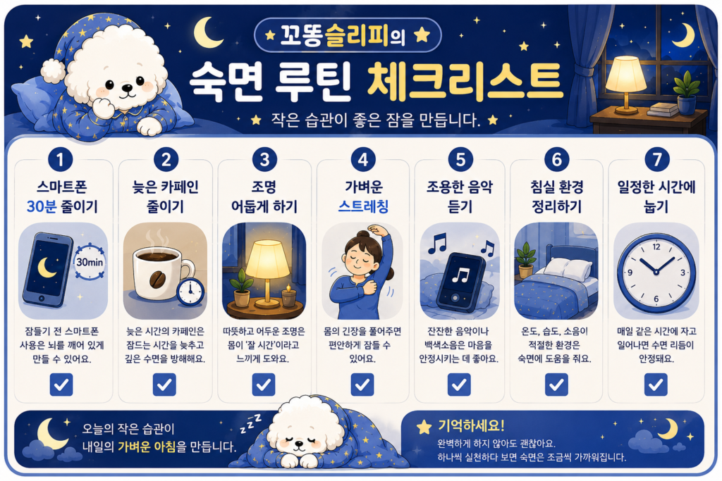 꼬똥 슬리피가 소개하는 잠 잘 오는 밤 루틴 체크리스트