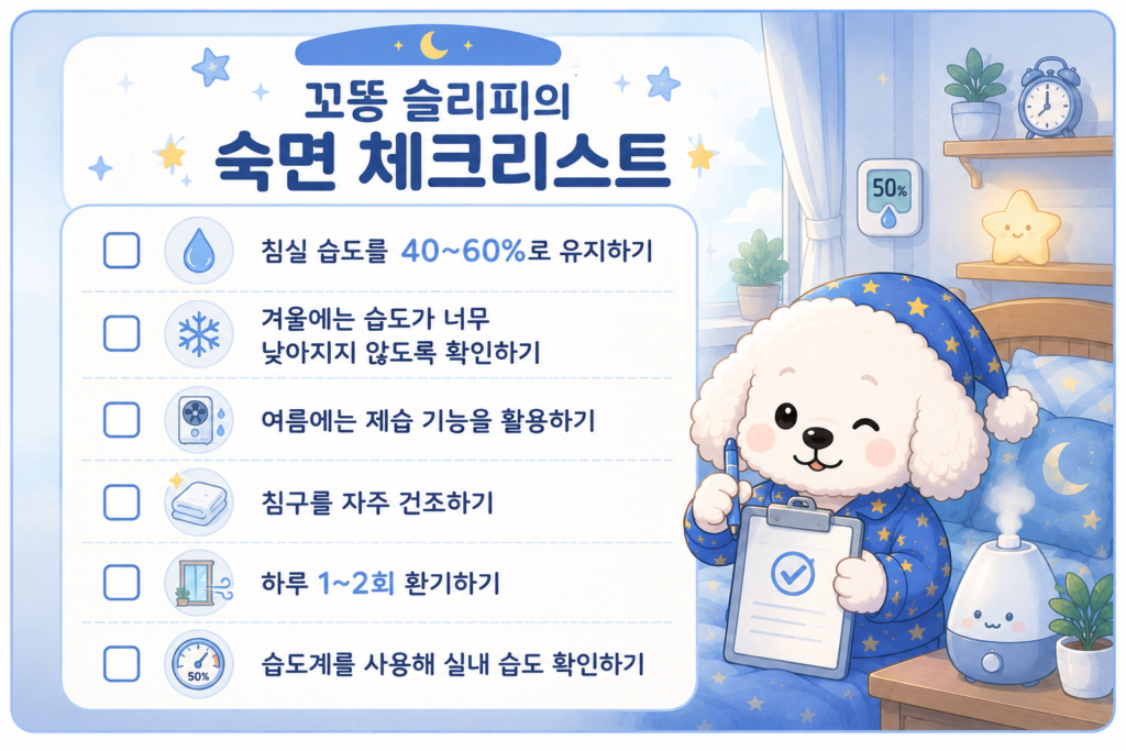 숙면을 위한 침실 습도 관리 체크리스트와 적정 습도 40~60%, 환기, 침구 관리 방법을 안내하는 꼬똥 슬리피 인포그래픽