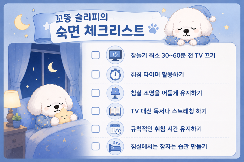 TV를 켜놓고 자도 괜찮을까의 TV를 켜놓고 자는 습관을 줄이기 위한 숙면 체크리스트로 TV 끄기, 취침 타이머 활용, 조명 어둡게 유지, 독서와 스트레칭, 규칙적인 취침 시간, 침실에서 잠자는 습관을 안내하는 이미지