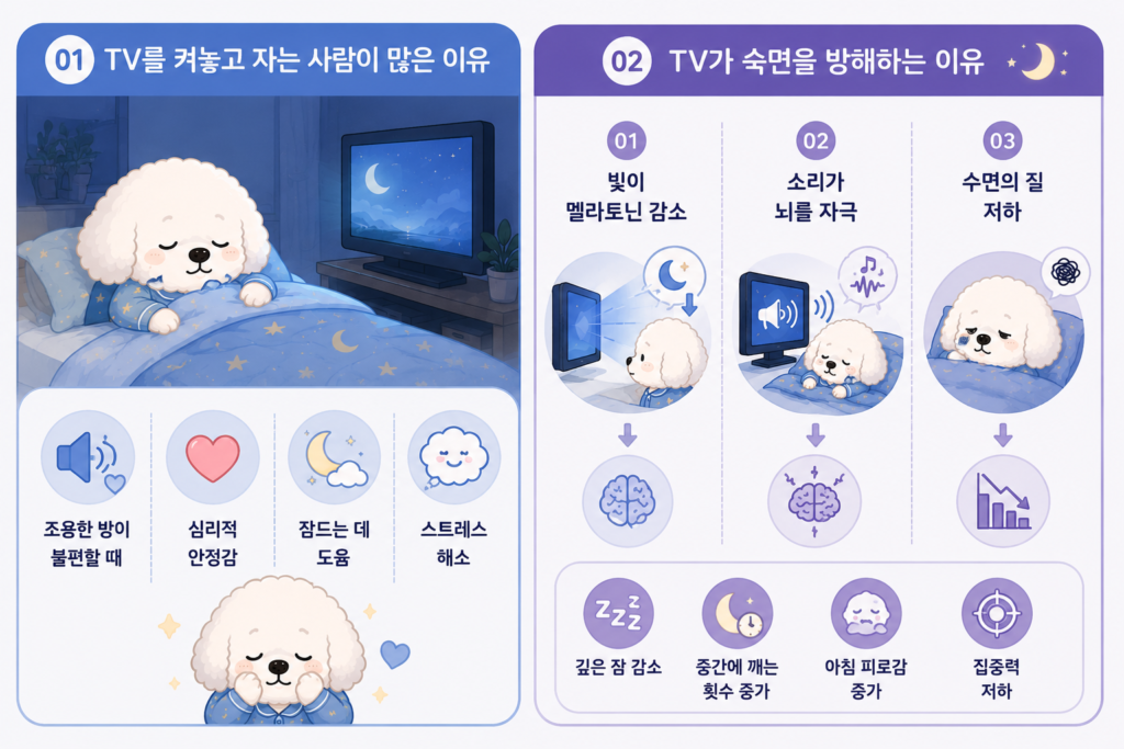 TV를 켜놓고 자도 괜찮을까의 질물에 TV를 켜놓고 자는 이유와 TV의 빛과 소리가 숙면을 방해하는 원인을 비교하여 정리한 인포그래픽