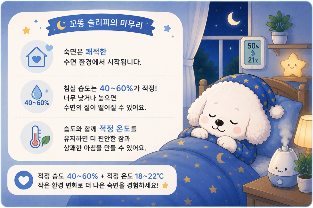 적정 습도 40~60%와 적정 온도를 유지해 수면의 질을 높이는 침실 환경을 설명한 꼬똥 슬리피 마무리 인포그래픽