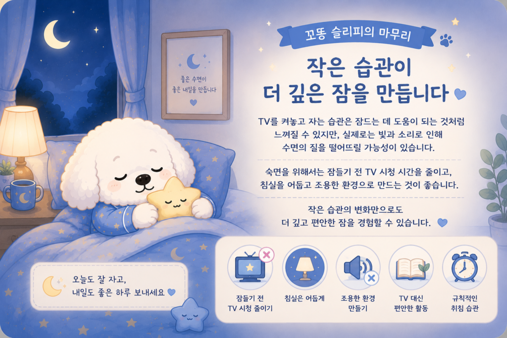 TV를 켜놓고 자도 괜찮을까의 질문에 꼬똥 슬리피가 편안하게 잠든 모습과 함께 TV 시청 시간을 줄이고 어둡고 조용한 침실 환경을 만들어 더 깊은 숙면을 실천하자는 내용을 담은 마무리 이미지