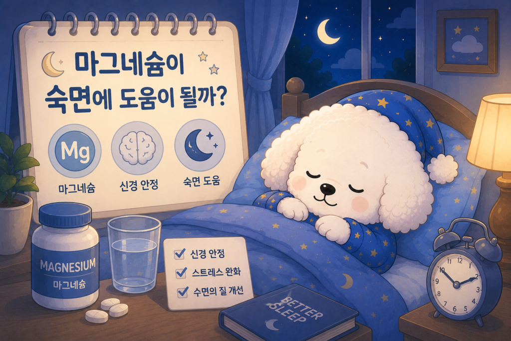 마그네슘 보충제와 물컵이 놓인 침실에서 꼬똥 슬리피가 편안하게 잠든 모습으로 마그네슘과 숙면의 관계를 표현한 대표 이미지