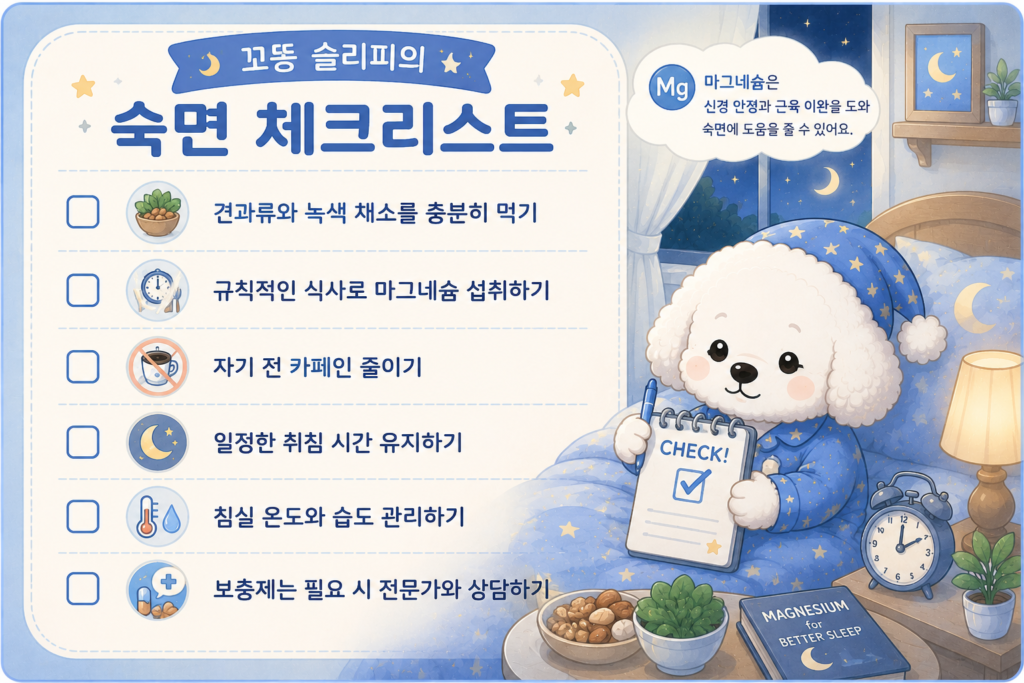 견과류와 녹색 채소 섭취, 규칙적인 식사, 카페인 줄이기, 일정한 취침 시간, 침실 환경 관리 등 마그네슘과 숙면을 위한 생활 습관을 안내하는 꼬똥 슬리피 체크리스트 인포그래픽