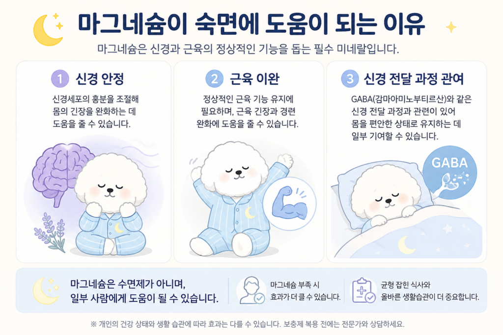 마그네슘 숙면에 도움이 되는 이유를 설명하는 인포그래픽