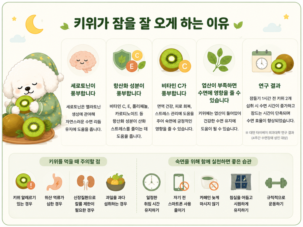 키위가 잠을 잘오게 하는 이유를 설명하는 인포그래픽 이미지