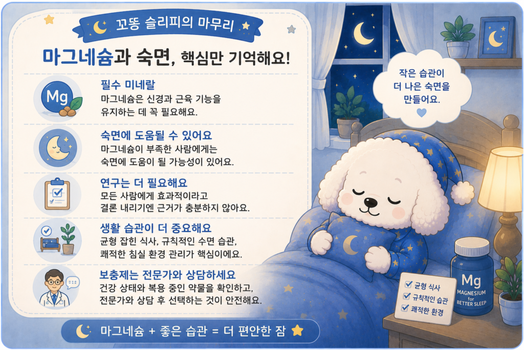 마그네슘은 부족한 사람에게 숙면에 도움이 될 수 있으며 균형 잡힌 식사와 규칙적인 수면 습관이 더 중요하다는 내용을 요약한 꼬똥 슬리피 마무리 인포그래픽