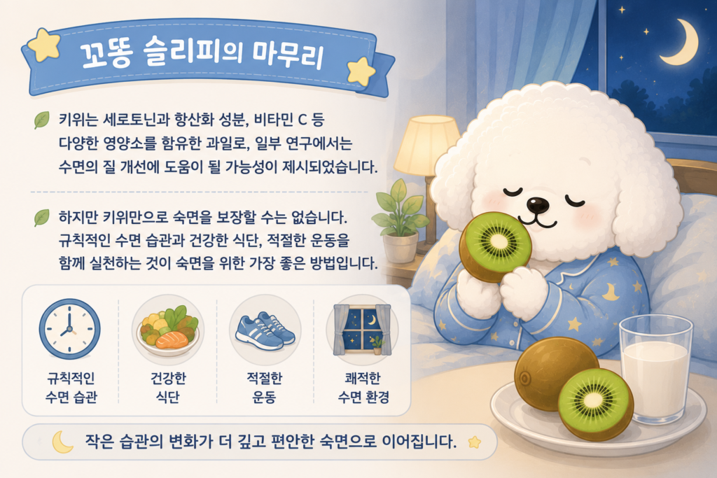 키위가 잠을 잘오게 하는 이유를 비롯한 건강한 식단, 규칙적인 수면 습관, 운동이 숙면에 중요함을 표현한 마무리 이미지