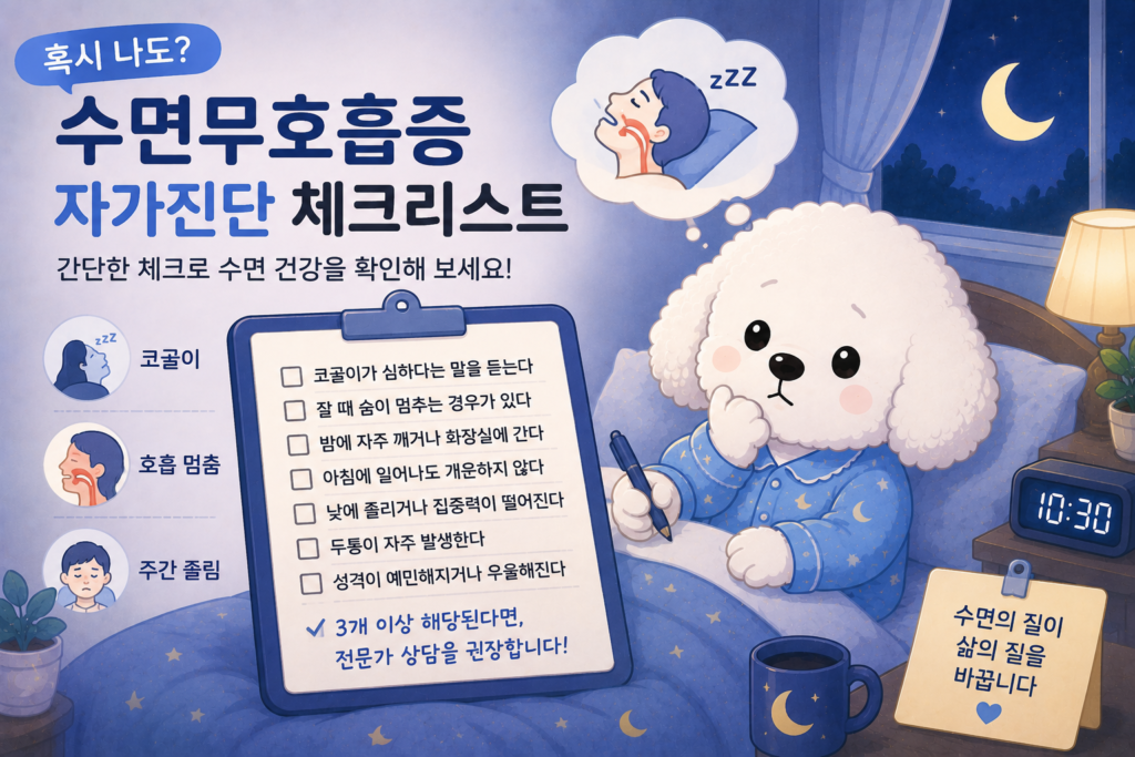 수면무호흡증 자가진단 체크리스트와 코골이, 무호흡 등 주요 증상을 표현한 꼬똥 슬리피 대표 이미지