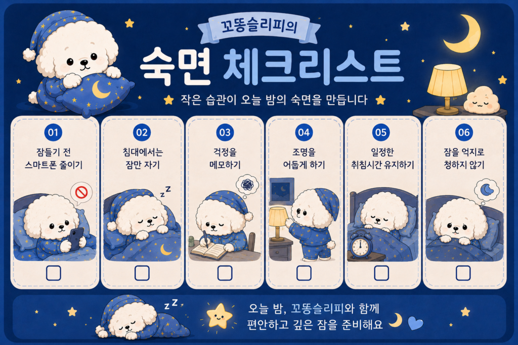 몸은 피곤한데 잠이 안 오는 이유 7가지를 해결하는 숙면 체크리스트를 설명하는 꼬똥 슬리피