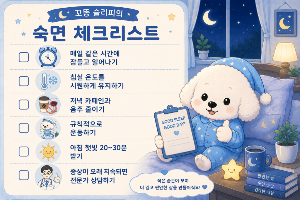 갱년기 이후 숙면을 위한 생활습관과 수면 관리 방법을 안내하는 꼬똥 슬리피 체크리스트 
