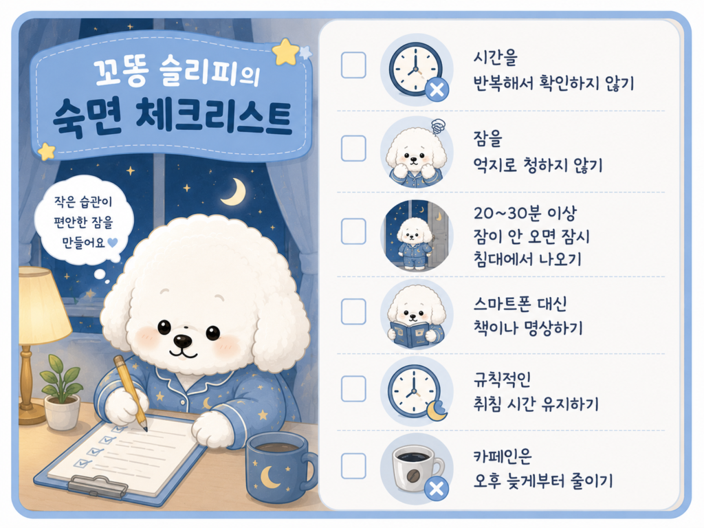 잠을 억지로 청하면 더 안 오는 이유을 해결하기 위한 숙면 체크리스트로 시간 확인 줄이기, 침대에서 잠시 나오기, 스마트폰 대신 독서와 명상, 규칙적인 취침 습관을 안내하는 이미지