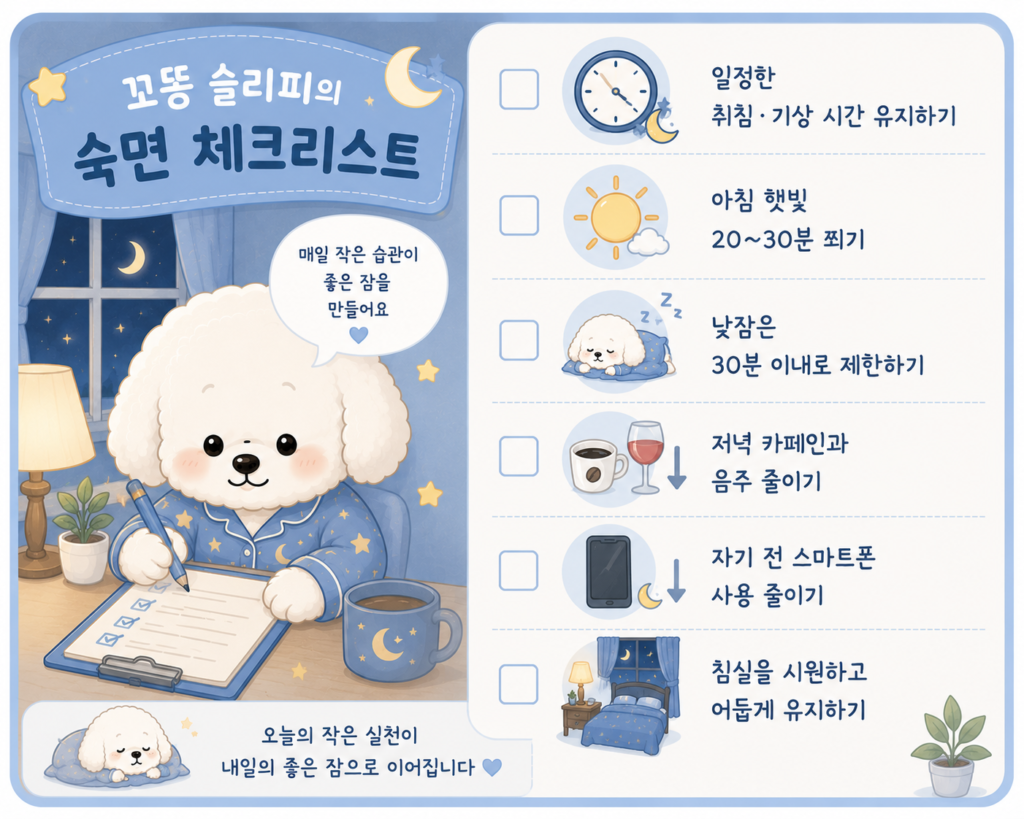 나이가 들수록 새벽에 일찍 깨는 이유에 도움이 되는 숙면 지침을 체크리스트로 설명하는 꼬똥 슬리피 이미지