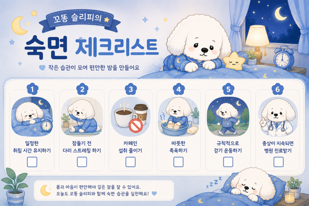 하지불안증후군 완화에 도움이 되는 숙면 체크리스트로 일정한 취침 시간, 다리 스트레칭, 카페인 줄이기, 족욕, 걷기 운동, 병원 진료를 안내하는 이미지