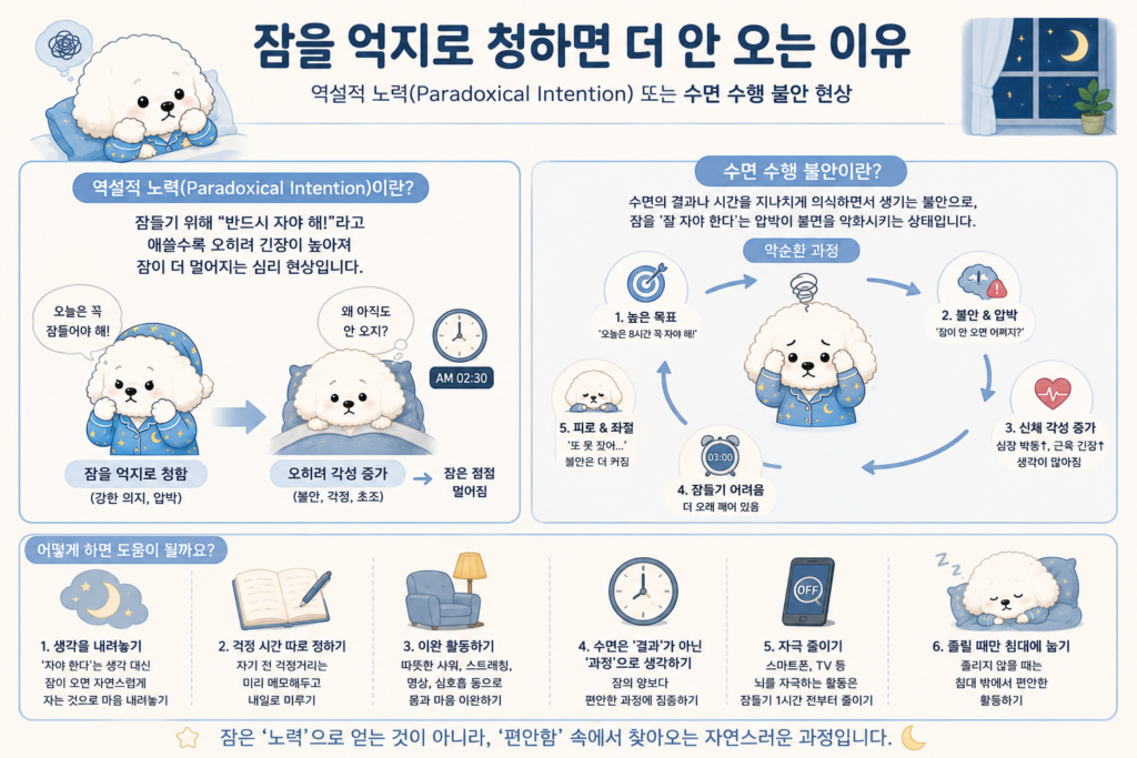 잠을 억지로 청하면 더 안 오는 이유는 불안과 각성이 높아져 잠들기 어려워지는 역설적 노력과 수면 수행 불안의 과정을 설명한 인포그래픽