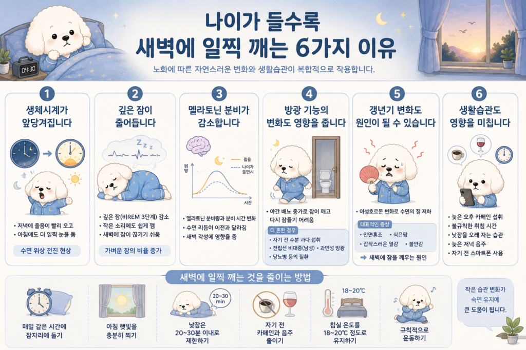 나이가 들수록 새벽에 일찍 깨는 원인을 생체시계 변화, 깊은 잠 감소, 멜라토닌 감소, 야간 배뇨, 갱년기, 생활습관으로 정리한 인포그래픽
