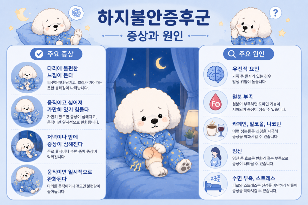 하지불안증후군 증상과 원인을 한눈에 비교하여 정리한 인포그래픽으로 다리 불편감, 움직이고 싶은 충동, 철분 부족, 유전적 요인 등을 설명하는 이미지