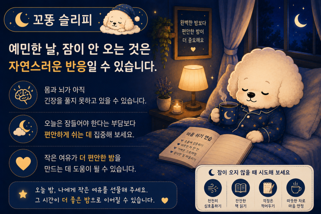 예민한 날 잠이 안 오는 이유와 해결 방법을 정리한 안내하는 꼬똥 슬리피