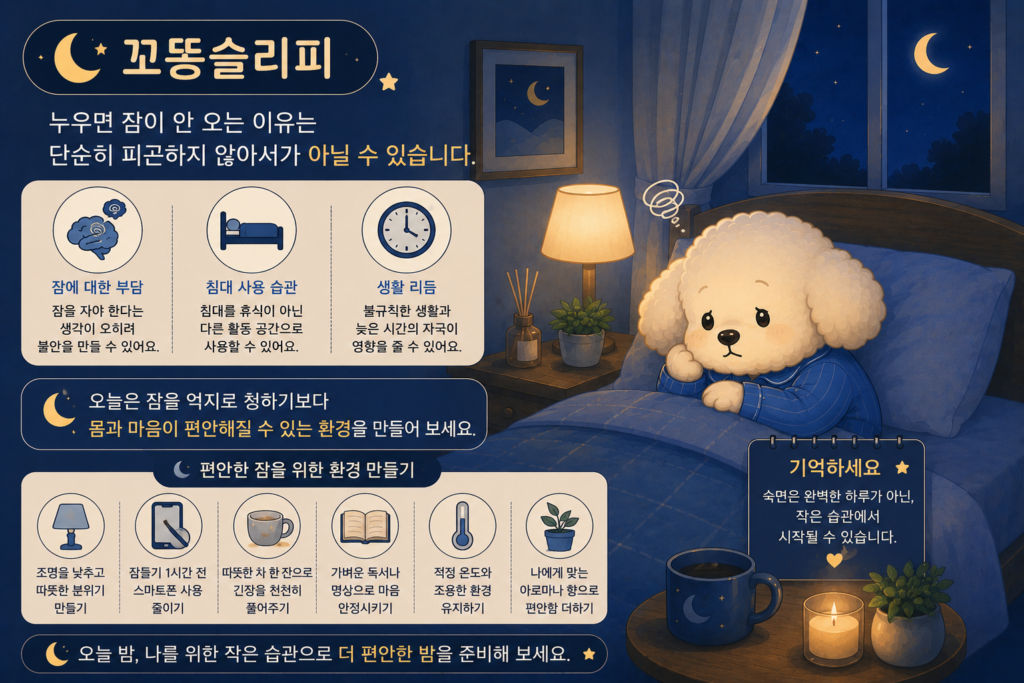 몸은 피곤한데 잠이 안 오는 이유 7가지를 해결하는 방법을 설명하는 꼬똥 슬리피 일러스트