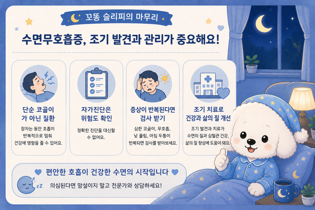 수면무호흡증의 조기 발견과 치료, 수면검사의 중요성을 요약한 꼬똥 슬리피 마무리 