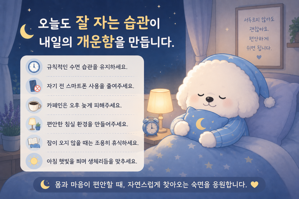 잠들기까지 30분 이상 걸린다면 생활습관을 점검해 숙면을 돕는 꼬똥 슬리피 마무리 이미지