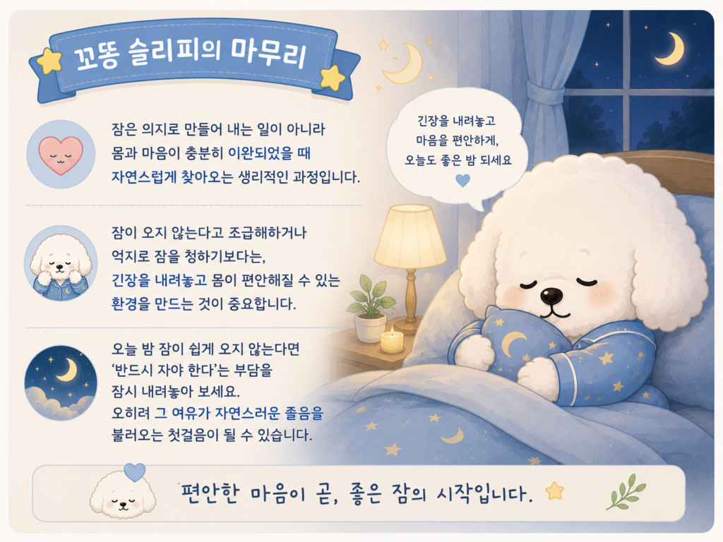 잠을 억지로 청하면 더 안 오는 이유를 편안하게 잠든 꼬똥 슬리피가 긴장을 내려놓고 몸과 마음을 이완하는 것이 자연스러운 숙면에 도움이 된다는 내용을 표현한 마무리 이미지