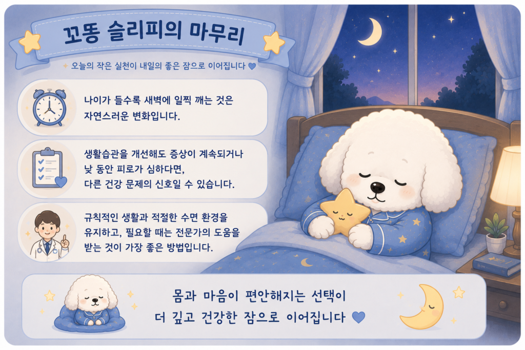 편안하게 잠든 꼬똥 슬리피가 규칙적인 생활습관과 적절한 수면 환경이 건강한 숙면에 도움이 된다는 내용을 표현한 마무리 이미지