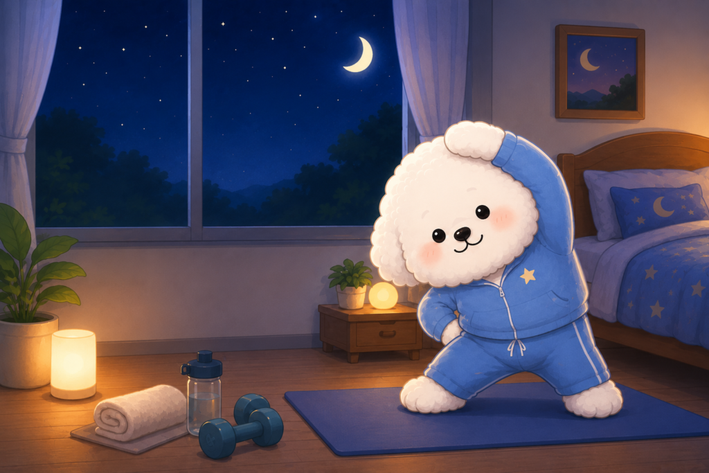 자기 전 운동은 숙면에 도움이 될까를 설명하는 대표 이미지로 운동 후 숙면을 준비하는 꼬똥 슬리피의 모습