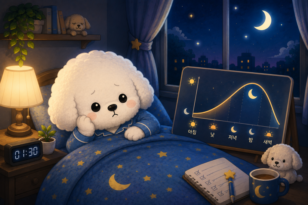 몸은 피곤한데 잠이 안 오는 이유와 수면압(Sleep Pressure)을 설명하는 이미지