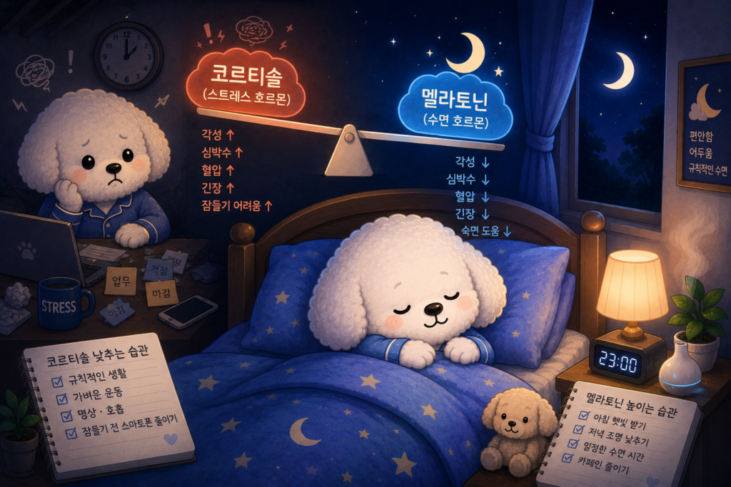 코르티솔이 숙면에 미치는 영향을 설명하는 꼬똥 슬리피 대표 이미지
