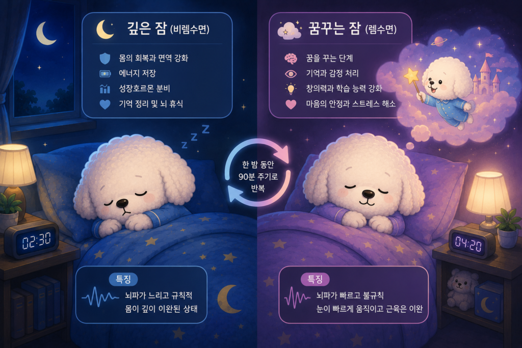 비렘수면과 렘수면의 차이를 설명하는 꼬똥 슬리피 대표 이미지
