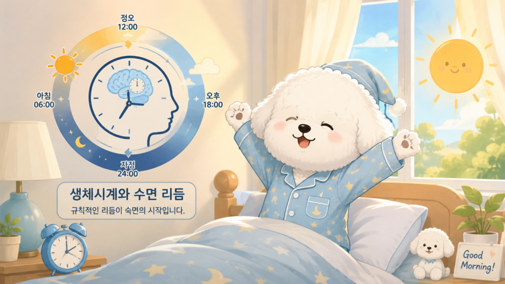 생체시계와 수면 리듬을 설명하는 꼬똥 슬리피 일러스트