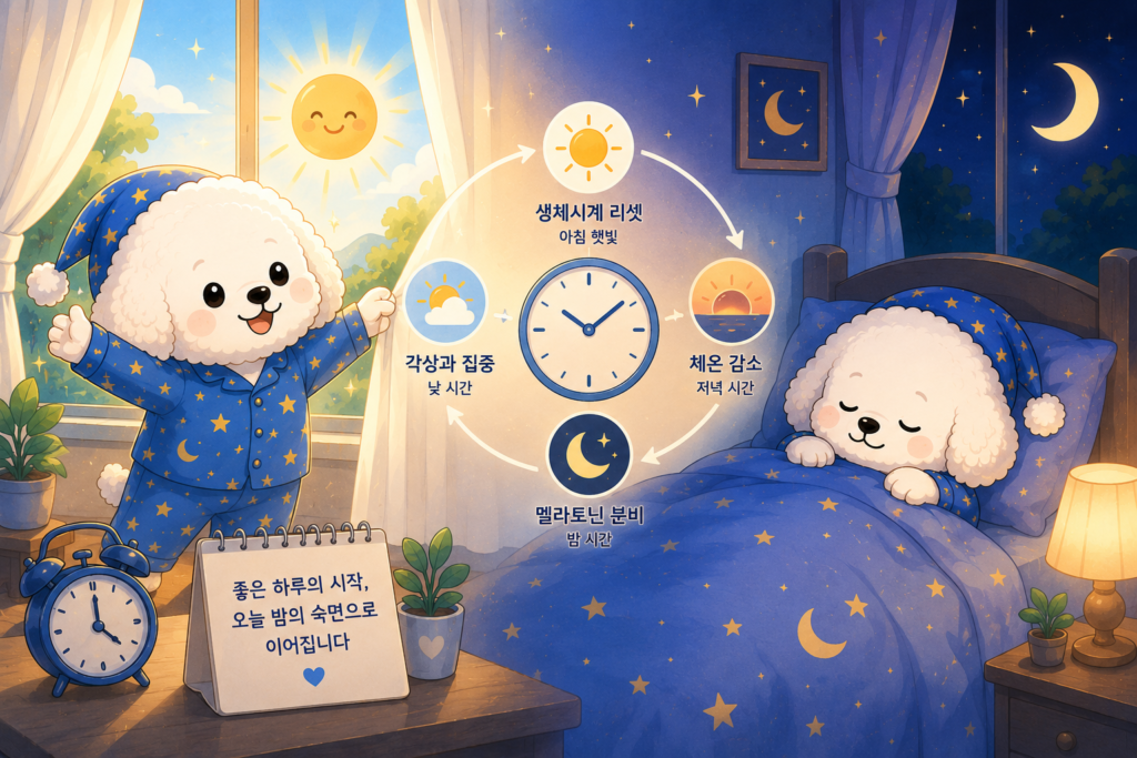아침 햇빛이 숙면에 중요한 이유를 표현한 꼬똥 슬리피 대표 이미지