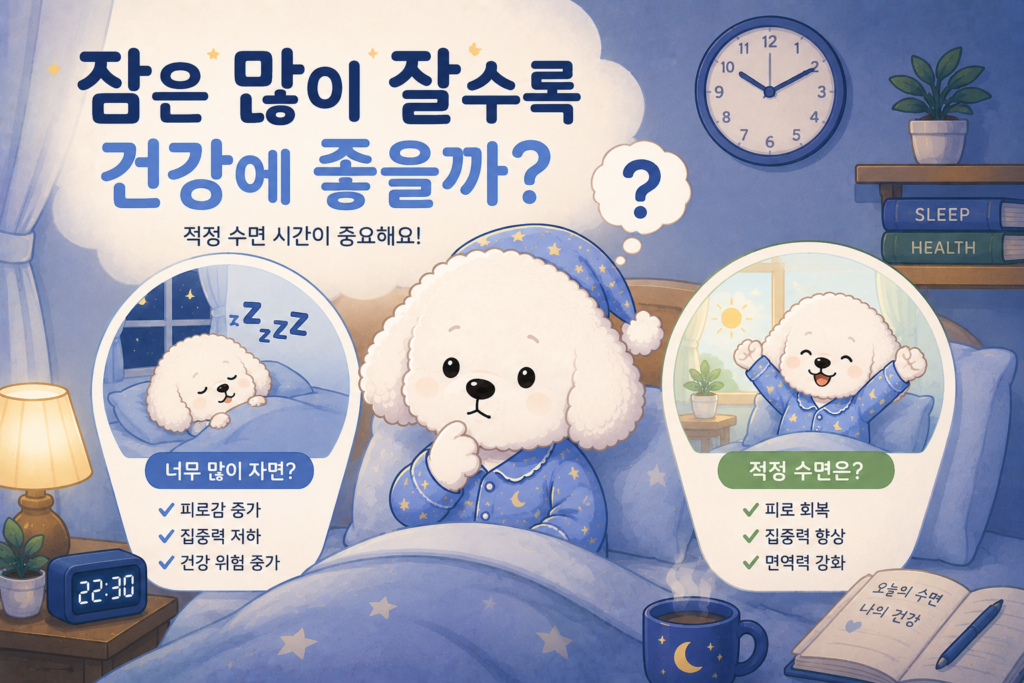 잠은 많이 잘수록 건강에 좋을까를 주제로 적정 수면 시간과 수면의 질의 중요성을 표현한 꼬똥 슬리피