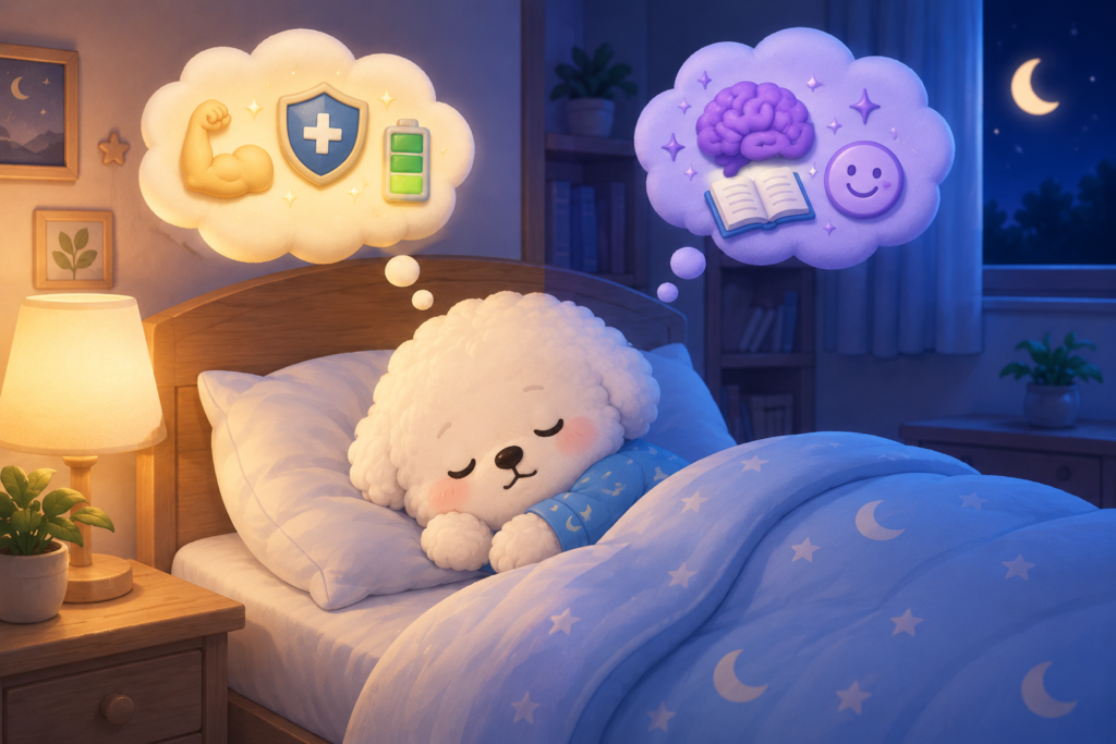 REM 수면과 깊은 잠의 차이를 표현한 꼬똥 슬리피 일러스트로, 두 수면 단계가 함께 건강한 숙면을 완성하는 모습을 담은 대표 이미지