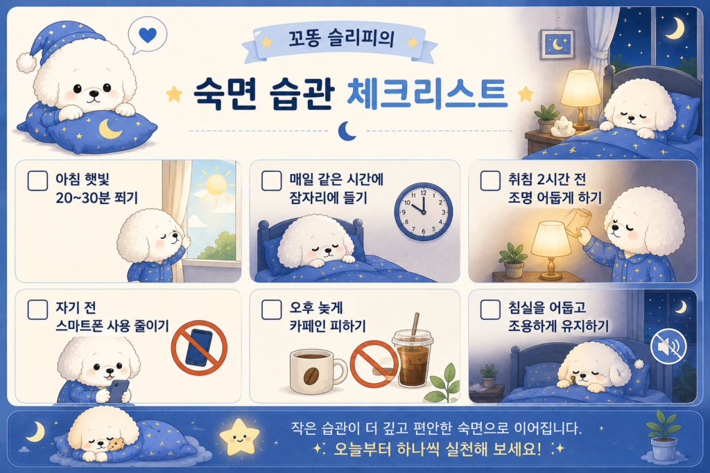 멜라토닌은 언제 가장 많이 분비될까? 숙면 체크리스트를 소개하는 꼬똥 슬리피 이미지