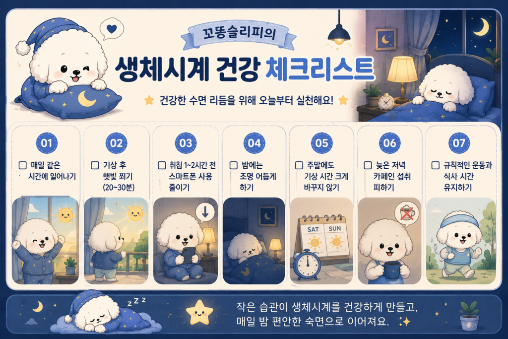 생체시계를 건강하게 유지하기 위한 숙면 체크리스트를 소개하는 꼬똥 슬리피 일러스트