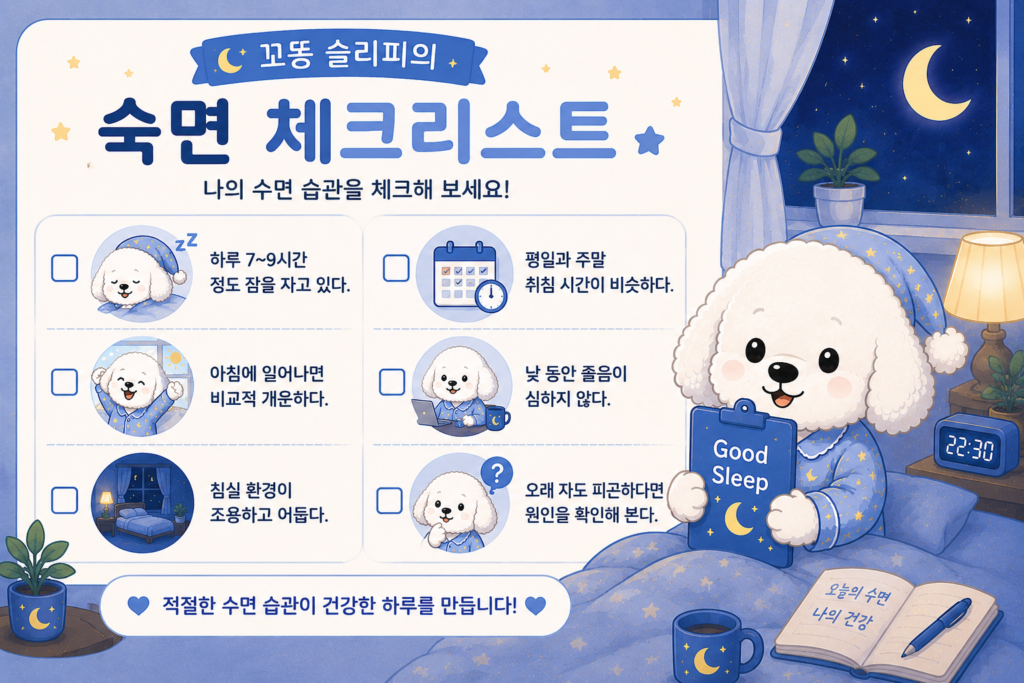 건강한 수면 시간과 규칙적인 생활습관을 위한 숙면 체크리스트를 안내하는 꼬똥 슬리피