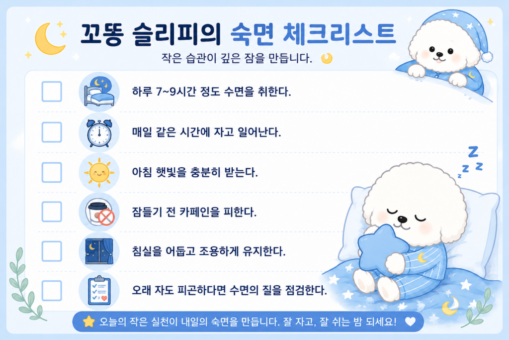 REM 수면과 깊은 잠을 위한 숙면 체크리스트로 하루 7~9시간 수면, 규칙적인 취침 시간, 아침 햇빛, 카페인 줄이기 등을 안내하는 이미지