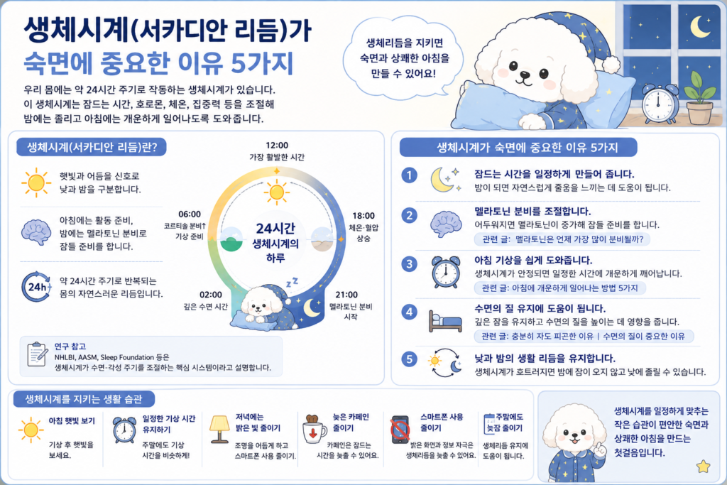 생체시계(서카디안 리듬)의 24시간 변화와 수면 리듬을 설명하는 인포그래픽