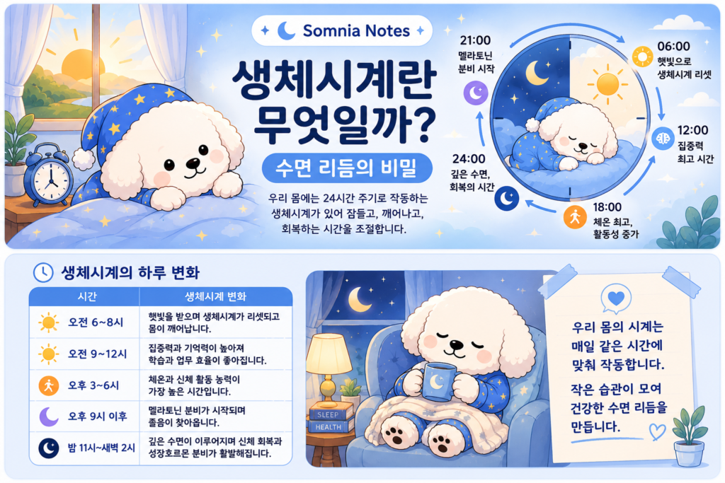 생체시계의 24시간 변화와 수면 리듬을 시간대별로 설명하는 인포그래픽