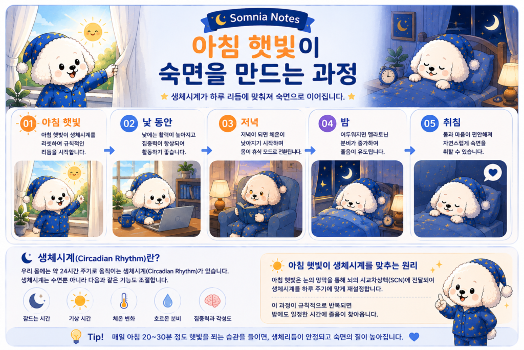 아침 햇빛이 숙면에 중요한 이유를 생체시계 리셋부터 멜라토닌 분비, 자연스러운 취침까지 꼬똥 슬리피와 함께 알아보는 수면 리듬