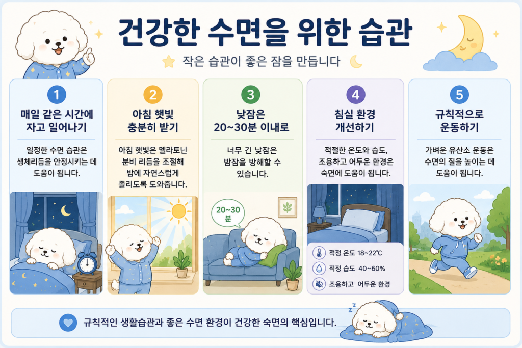 건강한 수면을 위한 습관 5가지 인포그래픽