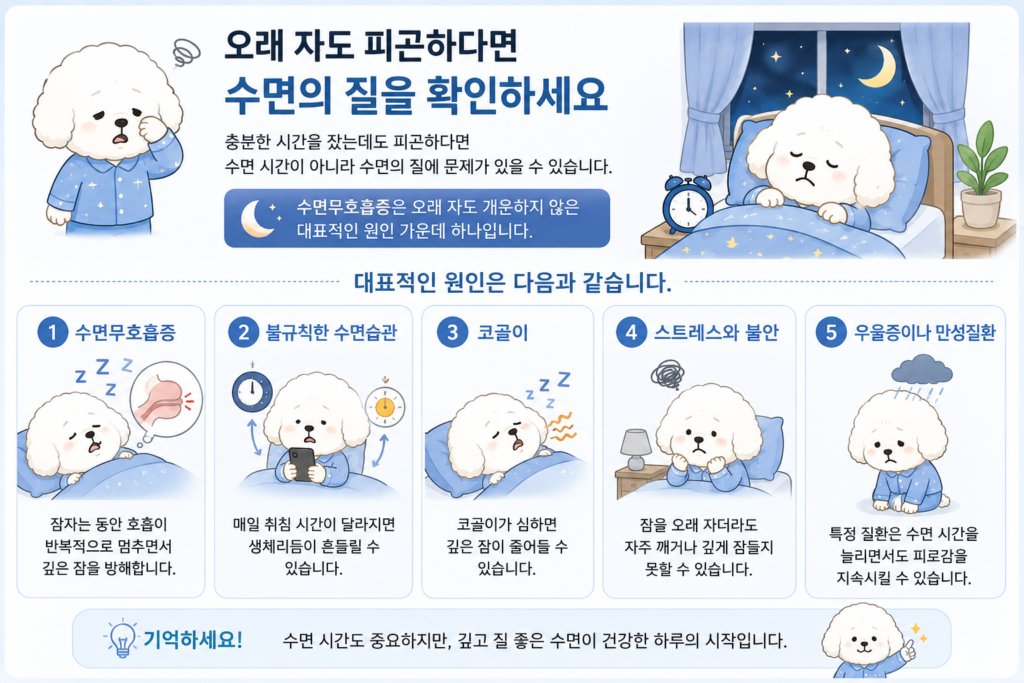 오래 자도 피곤할때 확인할 5가지 수면의 질 이유 인포그래픽 이미지