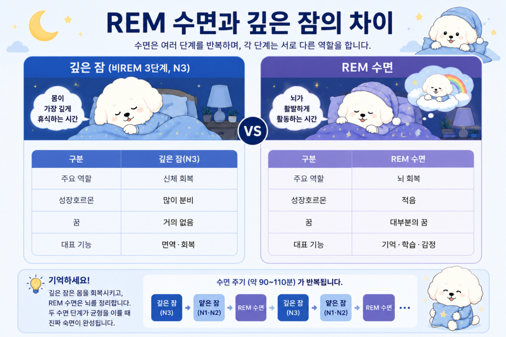 REM 수면관 깊은 잠의 차이를 설명하는 인포그래픽 이미지