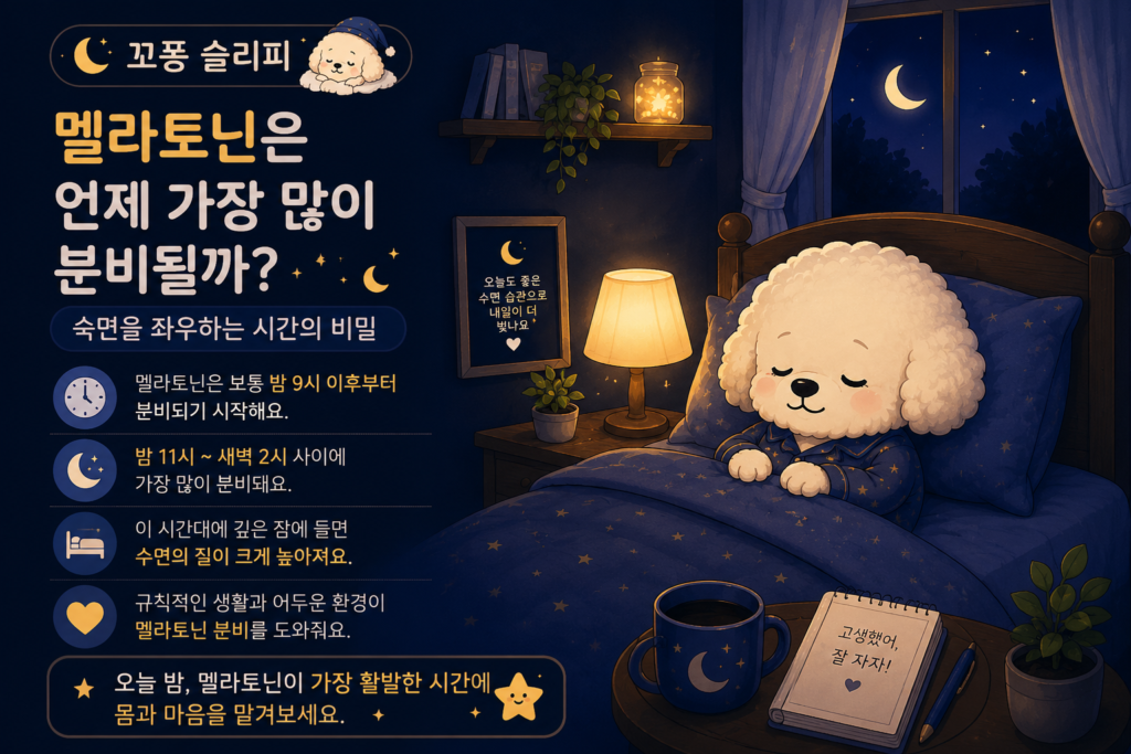 멜라토닌은 언제 가장 많이 분비될까? 멜라토닌 분비를 돕는 저녁 습관을 안내하는 꼬똥 슬리피 마무리 이미지