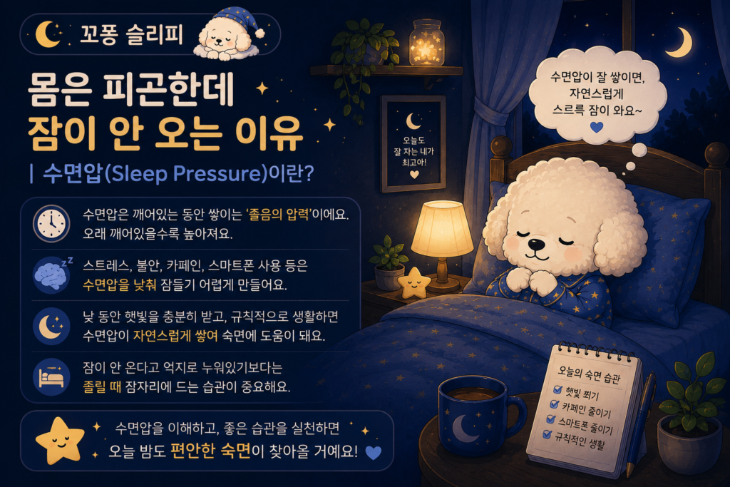 몸은 피곤한데 잠이 안 오는 이유와 건강한 숙면 습관을 안내하는 꼬똥 슬리피 마무리 이미지