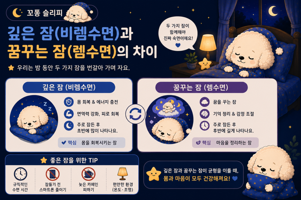 비렘수면과 렘수면의 균형이 숙면에 중요하다는 꼬똥 슬리피 마무리 이미지