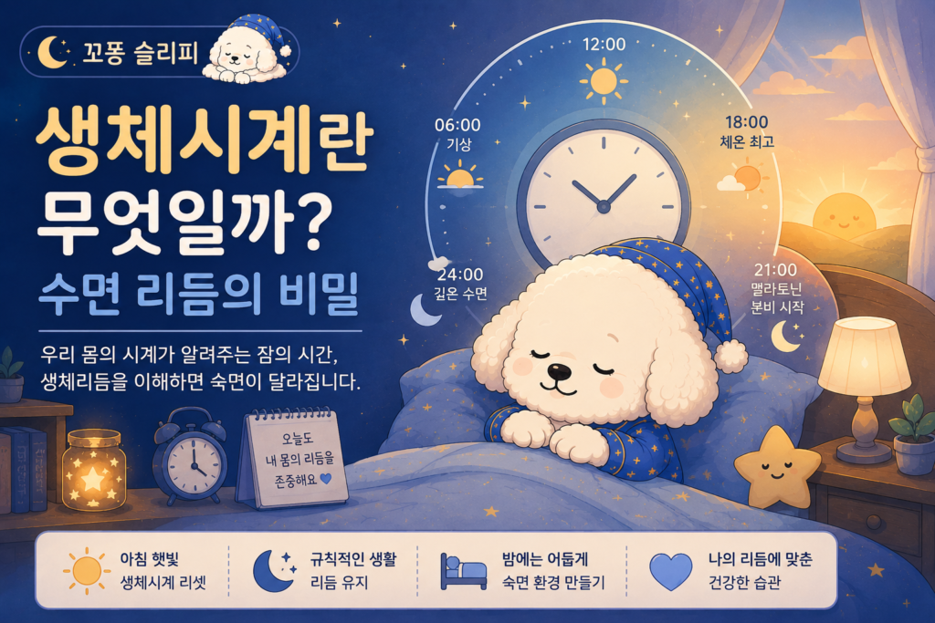 생체시계를 지키는 작은 습관을 응원하는 꼬똥 슬리피 일러스트